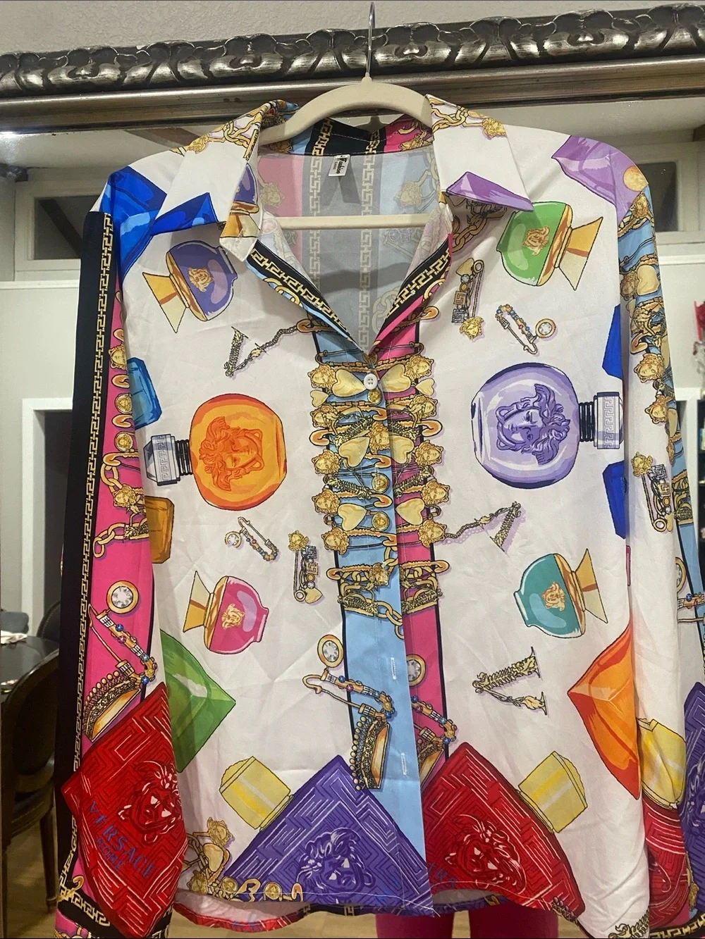Women's Multicolor Scarf-Print Satin Blouse - Vibrant White Base